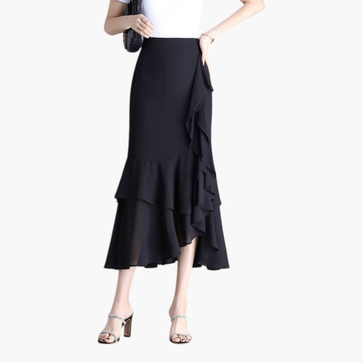 Chic asymmetrisk volangkjol för dam, mönstrad med elegant midi-längd och bekväm hög midja.