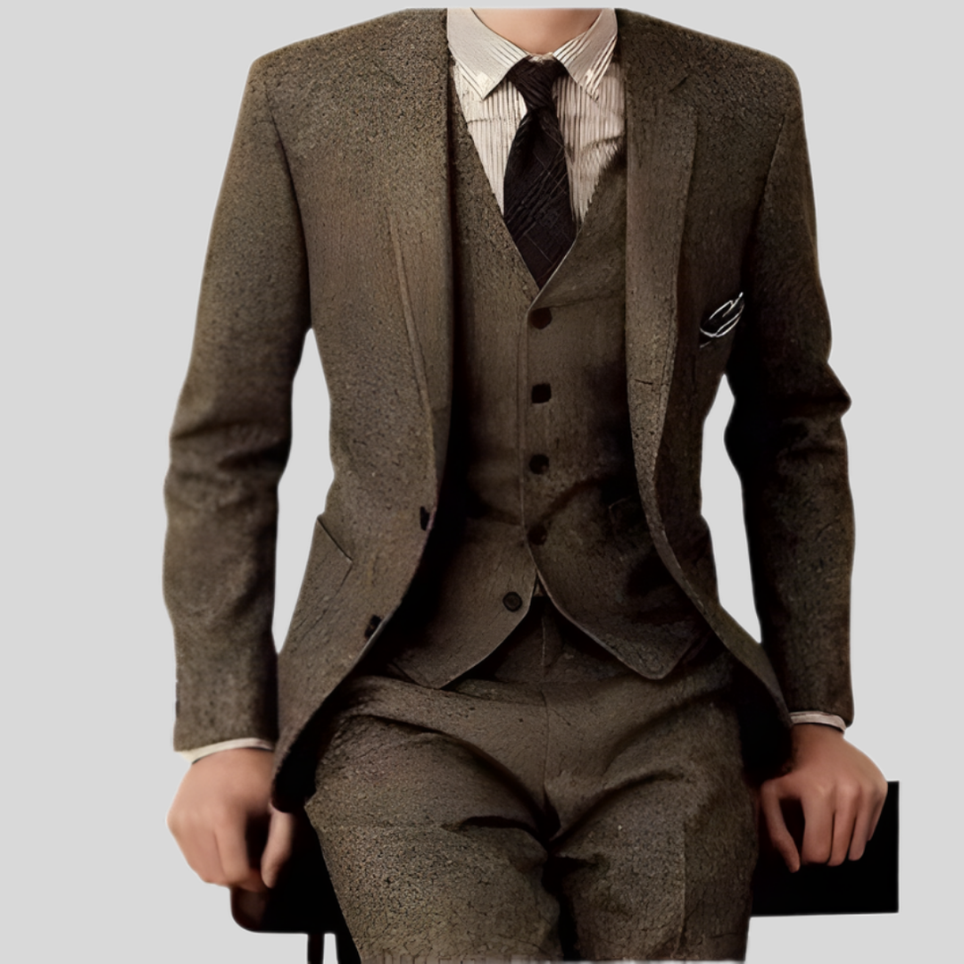 Elegant mörkbrun tredelad slim fit kostym för herr. Perfekt för formella tillfällen, fest och affärer.