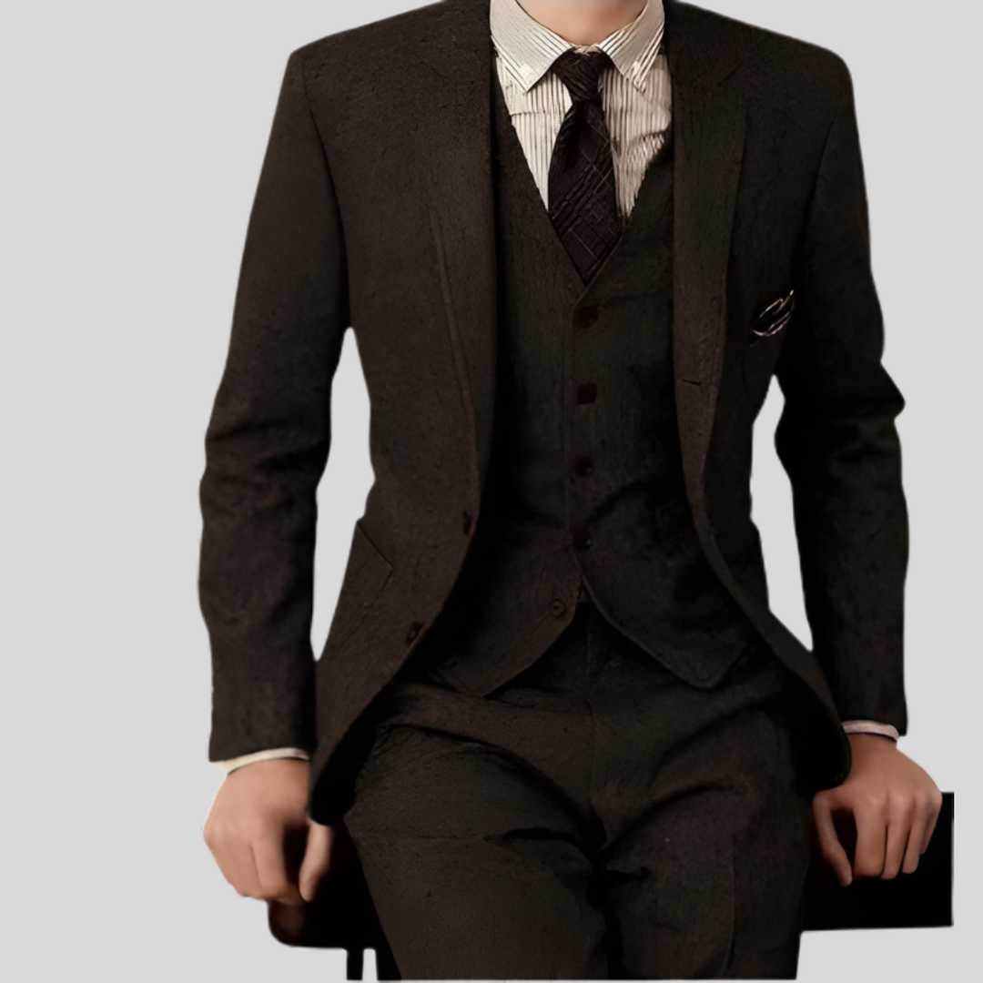 Herrkostym Harry, mörkbrun tredelad slim fit. Klassisk och stilren för affärsmöten och formella event.
