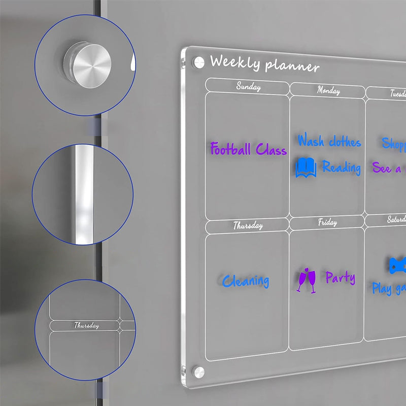 Elegant magnetisk akrylplanerare, genomskinlig, fästes på kylskåp för effektiv, stilren daglig organisering.