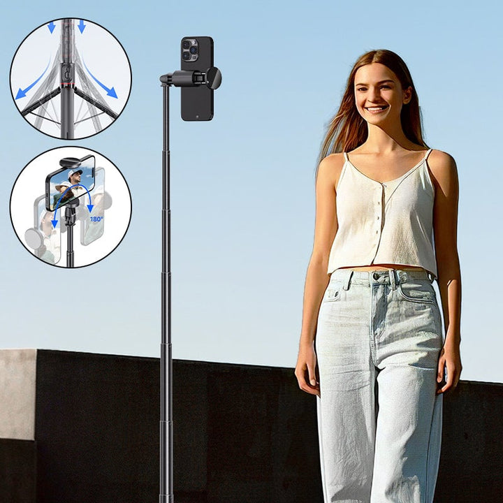 "Elegant magnetiskt Bluetooth selfiestativ, lätt och utdragbar design med fjärrkontroll för flexibel fotografering."