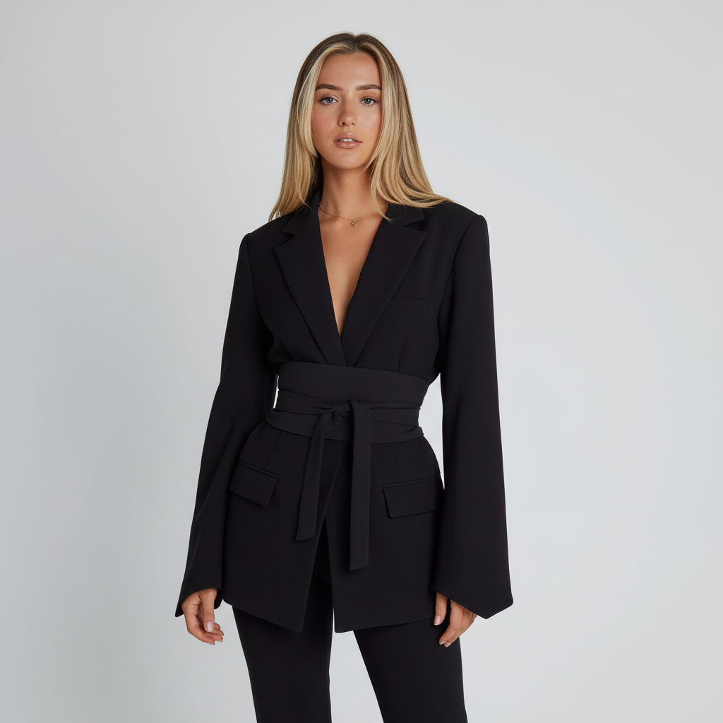 Figurnära marinblå dam blazer med modern design, framhäver en stilren kvinnlig look.