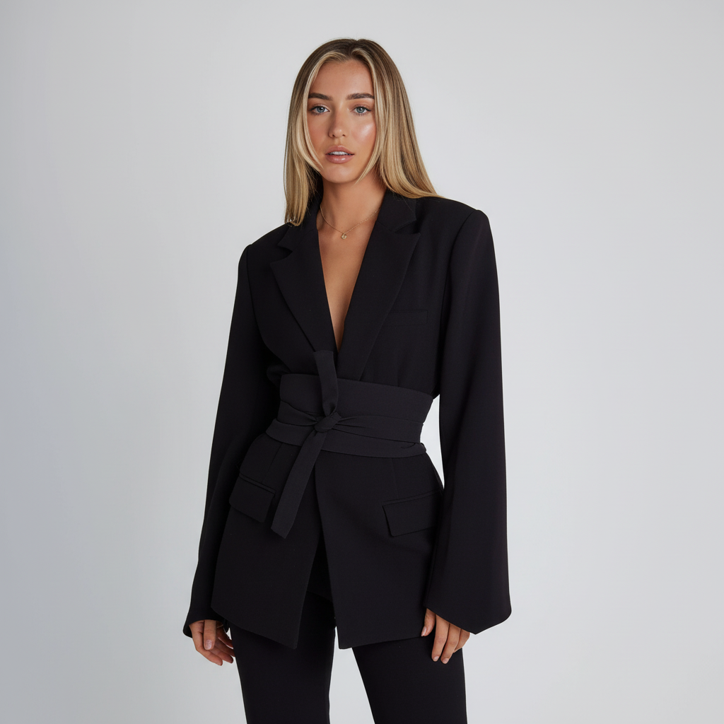 Detaljbild av en stilren marinblå dam blazer med fin textur, elegant för alla tillfällen.