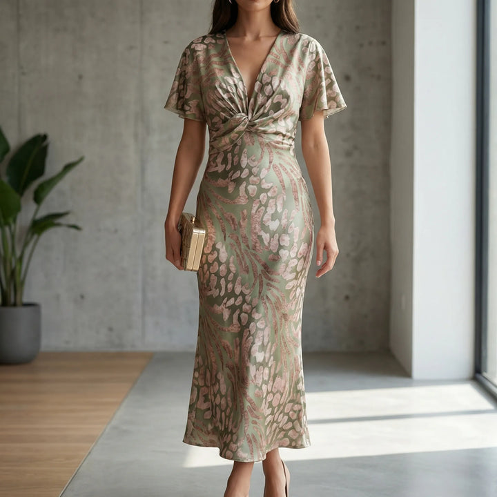 Elegant midi-cocktailklänning Larissa med V-ringning och rynkad midja, perfekt som sommar-festklänning.