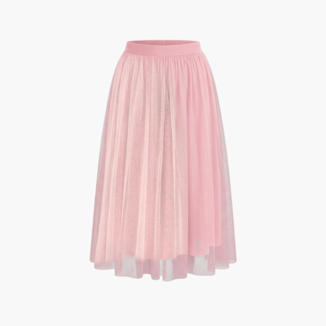 Trendig midikjol i tyll för kvinnor, med elastisk midja. Elegant vardags- och festkjol.
