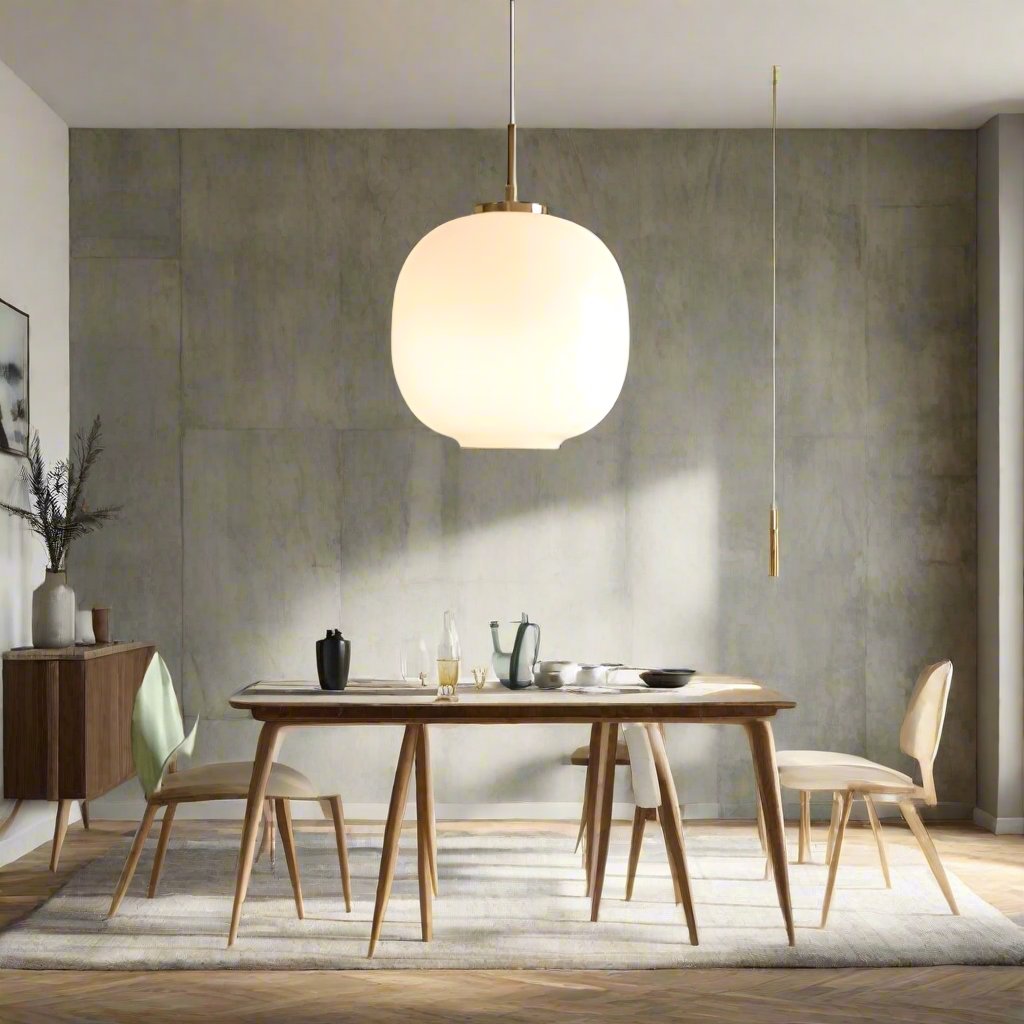 Elegant taklampa i opalglas placerad ovanför ett matbord med betongvägg i bakgrunden