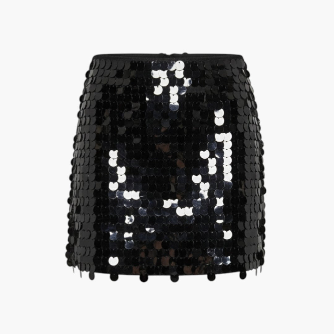 Lyxig pärlbroderad svart minikjol med hög midja. En chic och elegant damkjol för speciella tillfällen.