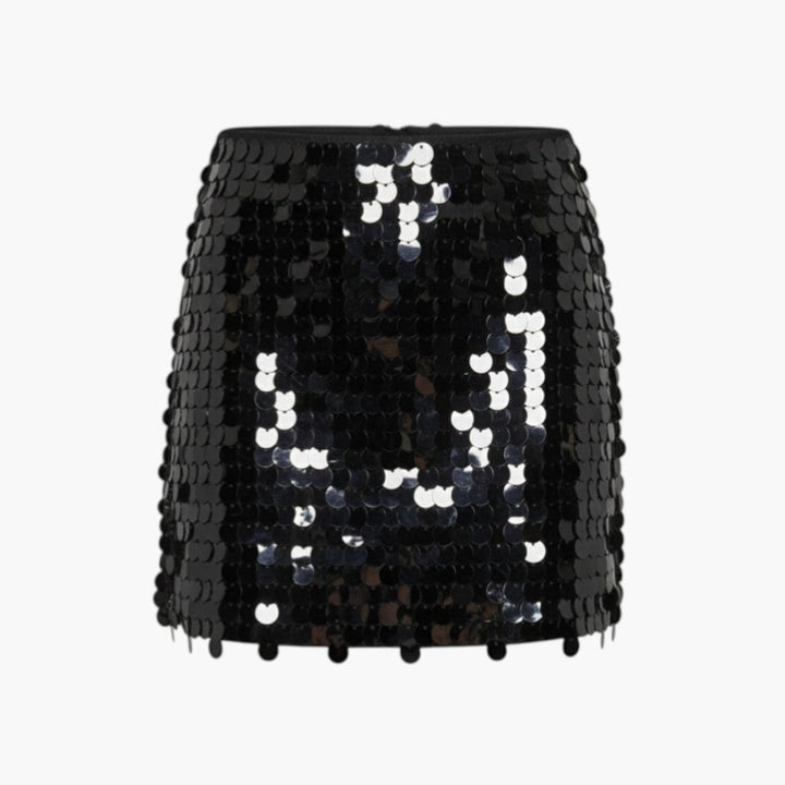 Lyxig pärlbroderad svart minikjol med hög midja. En chic och elegant damkjol för speciella tillfällen.