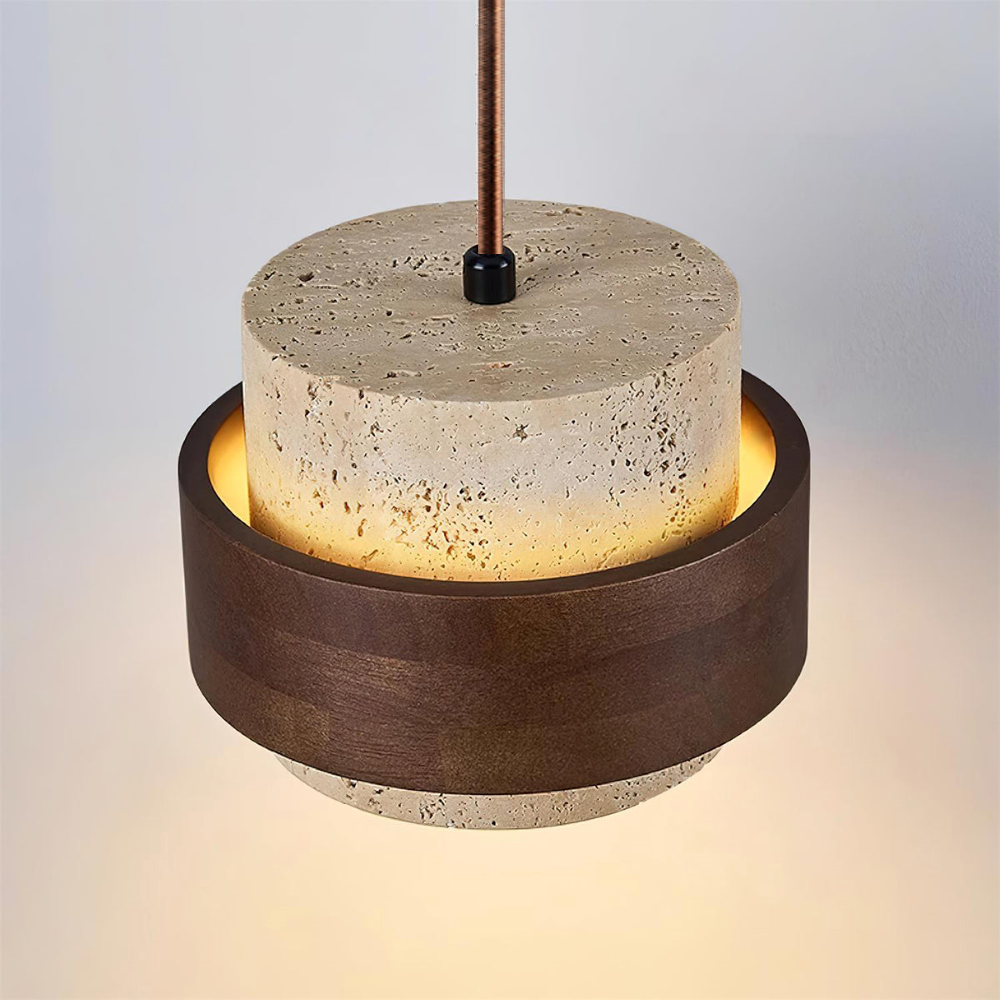 Skandinavisk modern pendellampa i travertin & valnötsträ. Elegant cylinderform.