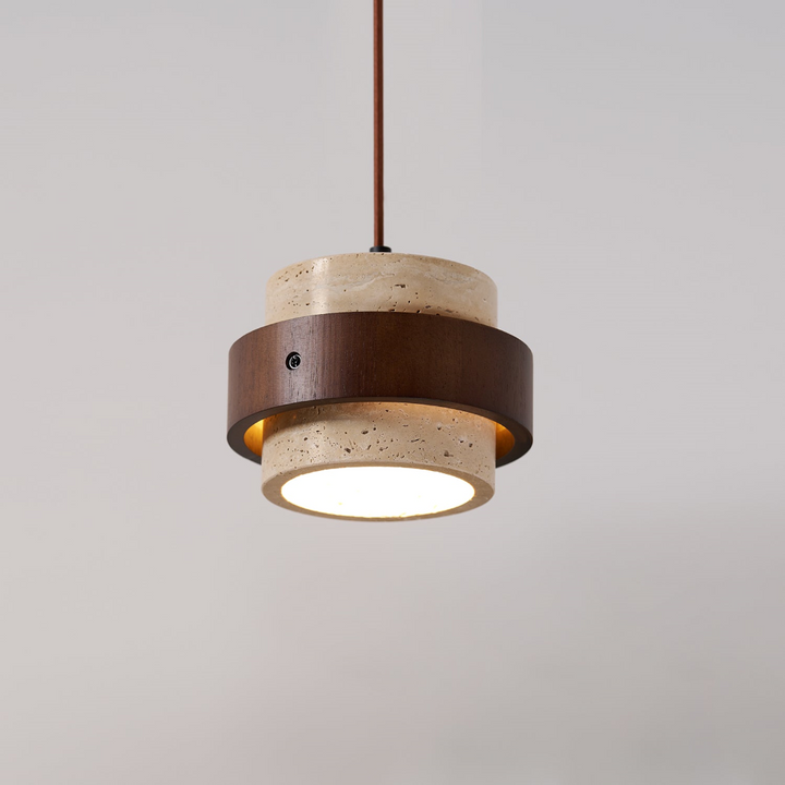 Vardagsrumslampa: Modern travertin pendellampa med valnötsträ. Elegant cylinderdesign.