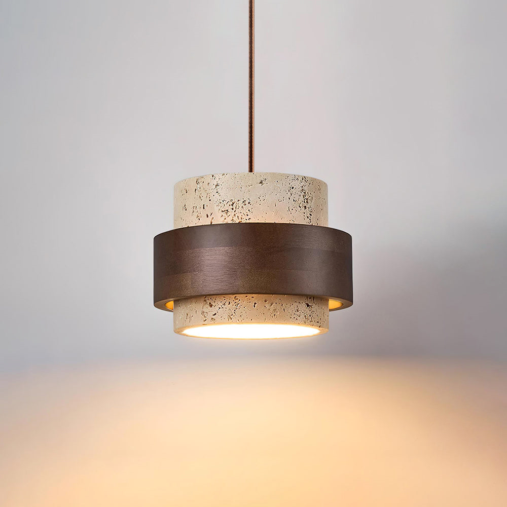 Matrumslampa: Stilren travertin hänglampa & valnötsträ. Cylinderdesign för mysig belysning.