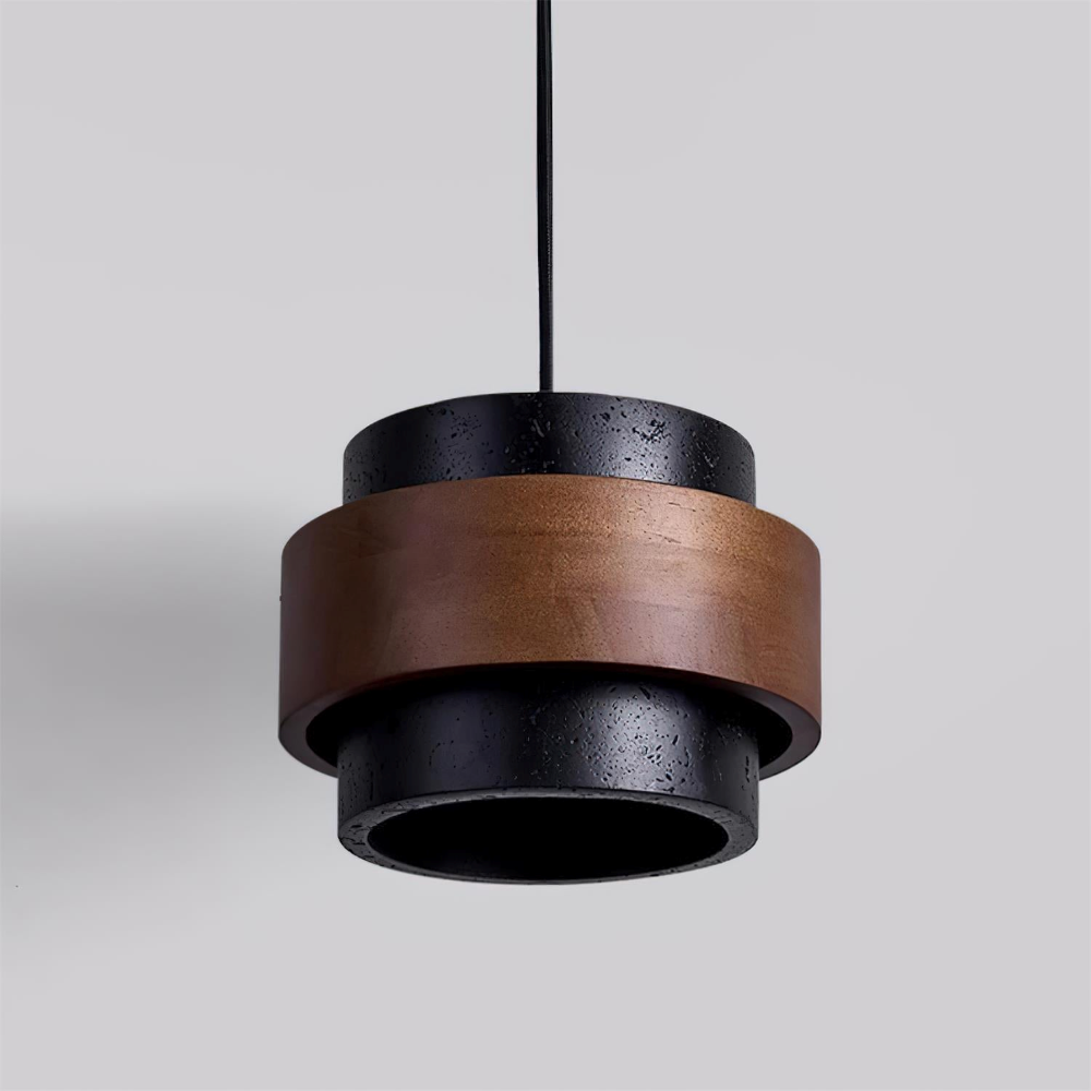Unik travertin pendellampa i cylinderform. Valnötsträ kombination för exklusiv hembelysning.