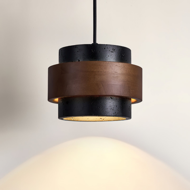 Handgjord känsla: Travertin pendellampa & valnötsträ. Stilren cylinderlampa för tidlös design.