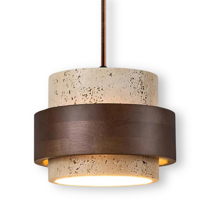 Estetisk travertin pendellampa. Valnötsträ detalj & cylinderdesign för modern heminredning.