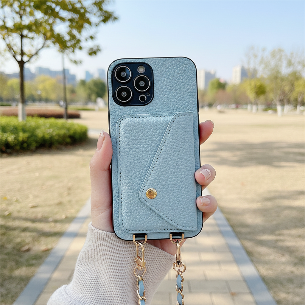 Elegant plånboksfodral i PU-läder för iPhone. Inkluderar kortfack och mobilskydd.