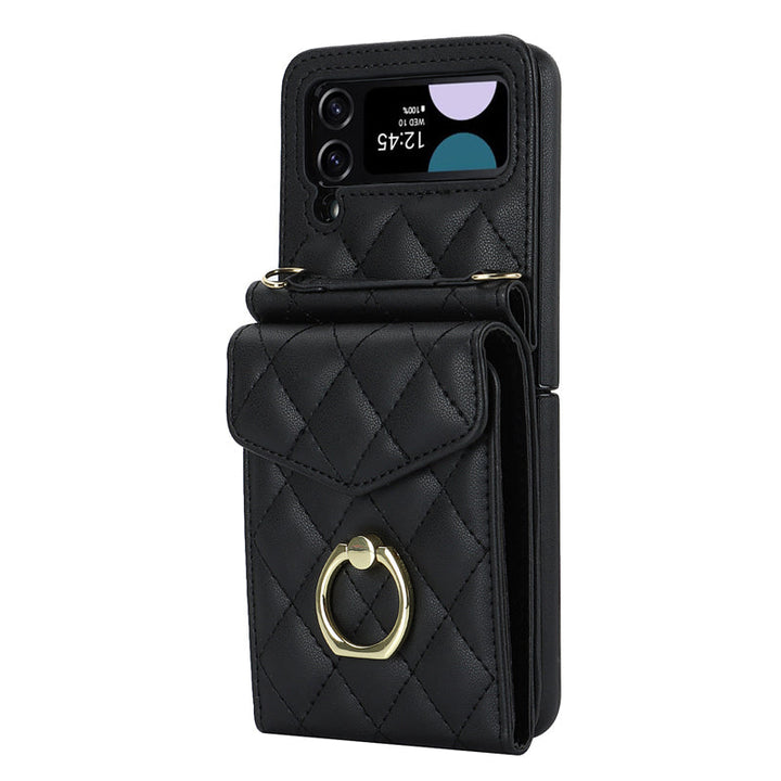 "Elegant plånboksfodral för Samsung Galaxy Z Flip i präglat läder, visar kortplatser och skyddande design."