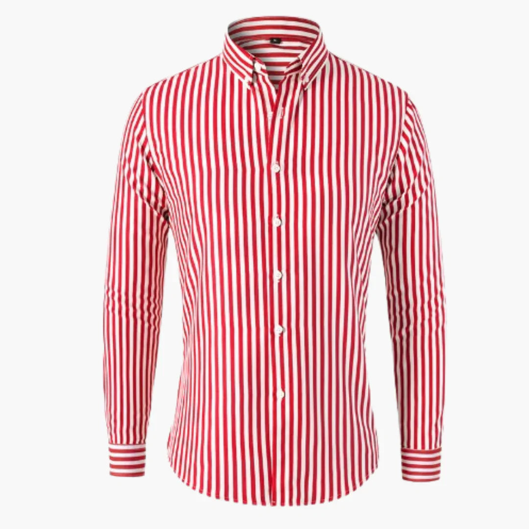 Modern herrskjorta med elegant randig design och långa ärmar. Mångsidig för både business och stilren vardagslook.