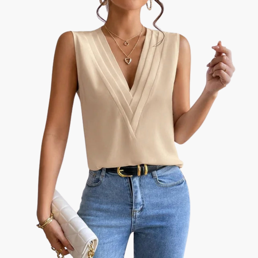 Casual ärmlös sommarblus för dam med bekväm V-ringning och stilren veckad front, enkel att matcha.
