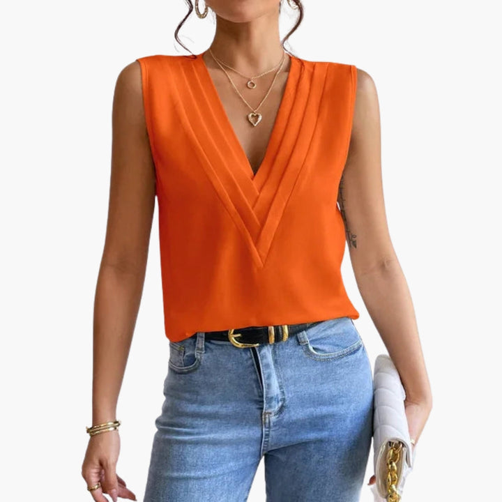 Enkel stil ärmlös blus med V-ringning och veckad design, idealisk sommarblus för vardagsbruk.