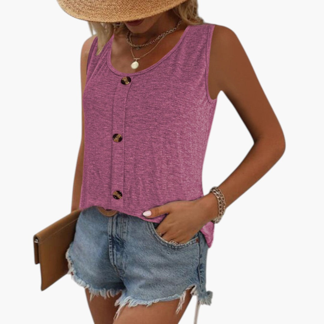 Svart elegant ärmlös topp för kvinnor med dekorativ knappdetalj. En klassisk rundhalsad damtopp, perfekt sommar.