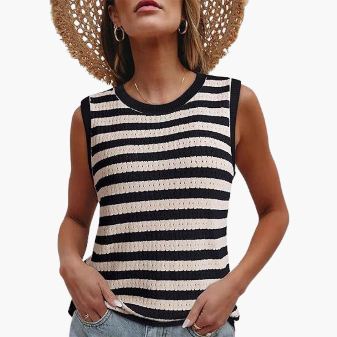 Elegant ärmlös kvinnotopp med randigt mönster, perfekt för sommarstil och chic vardagsmode.