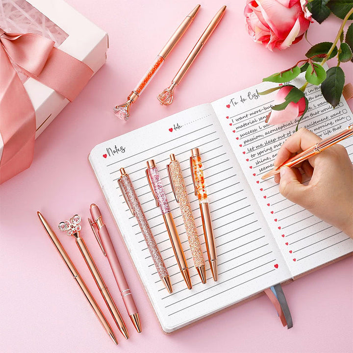 "Elegant rosa och blå diamant kulspetspenna set med metallisk lyster, perfekt för stilfullt skrivande och unika presenter."