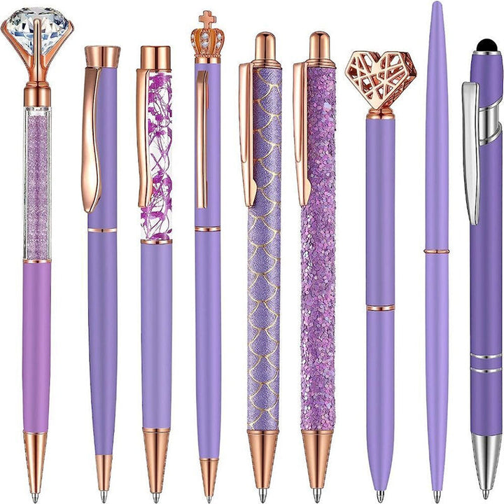 "Elegant rosa och blå diamant kulspetspenna set med metallisk lyster, perfekt för stilfullt skrivande och unika presenter."