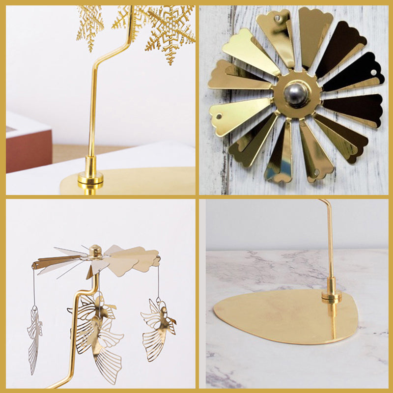 Elegant roterande ljushållare i guld, med snurrande metalliska dekorationer för heminredning, skapar magisk atmosfär.