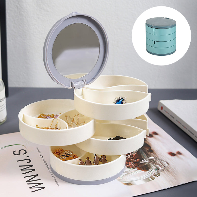 "Elegant roterande smyckesskrin med flera lager, spegel och LED-belysning för smidig och lyxig smyckesförvaring."