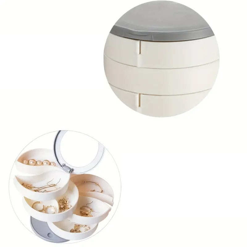 "Elegant roterande smyckesskrin med flera lager, spegel och LED-belysning för smidig och lyxig smyckesförvaring."