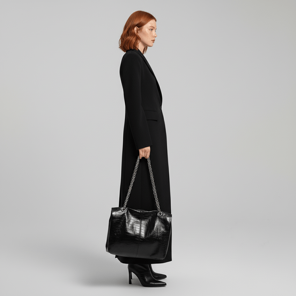 Figursydd damkappa i elegant rubinrött, lång modell för stilrent höst- och vårmode.