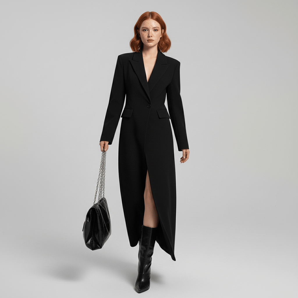 Stilren rubinröd vår- eller höstkappa, lång och figursydd för en elegant kvinnlig look.