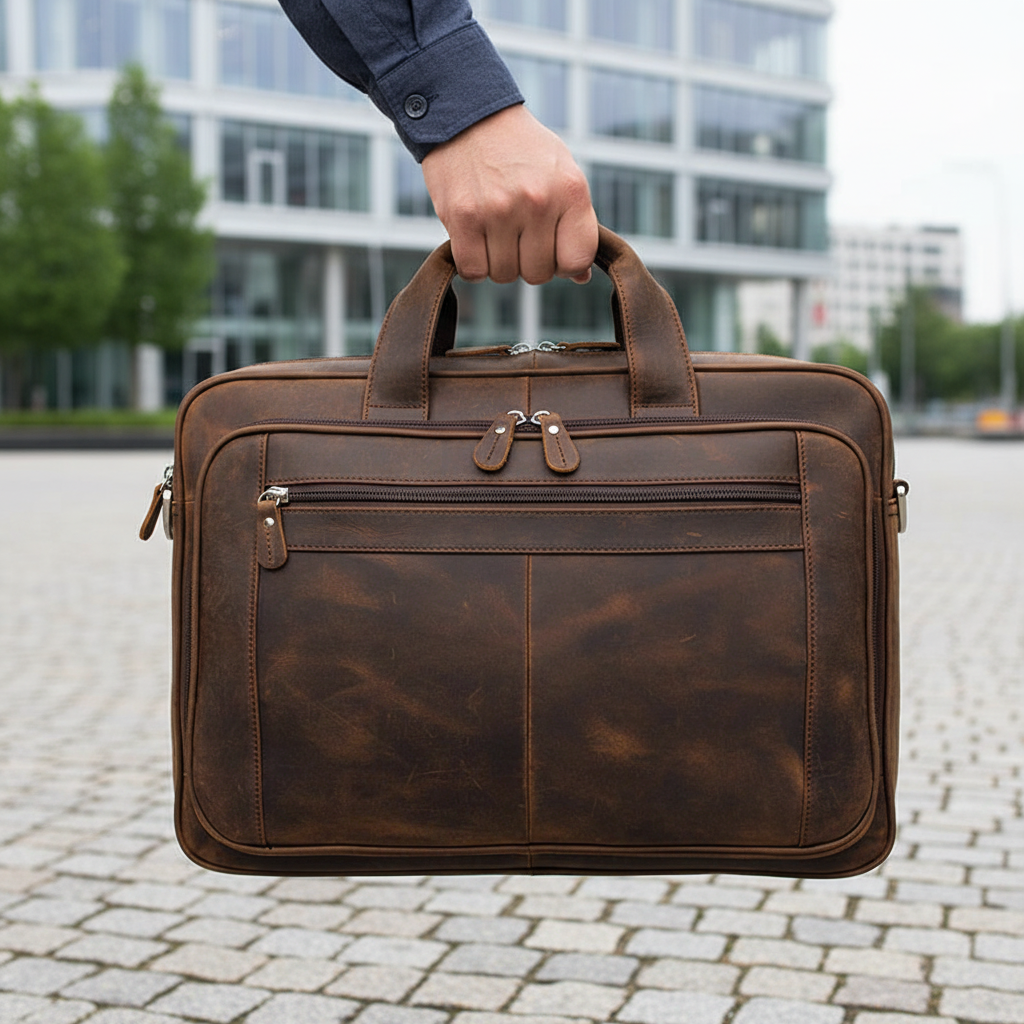 Elegant skinn laptopväska för 17 tums dator, stilren arbetsväska för business & kontor.
