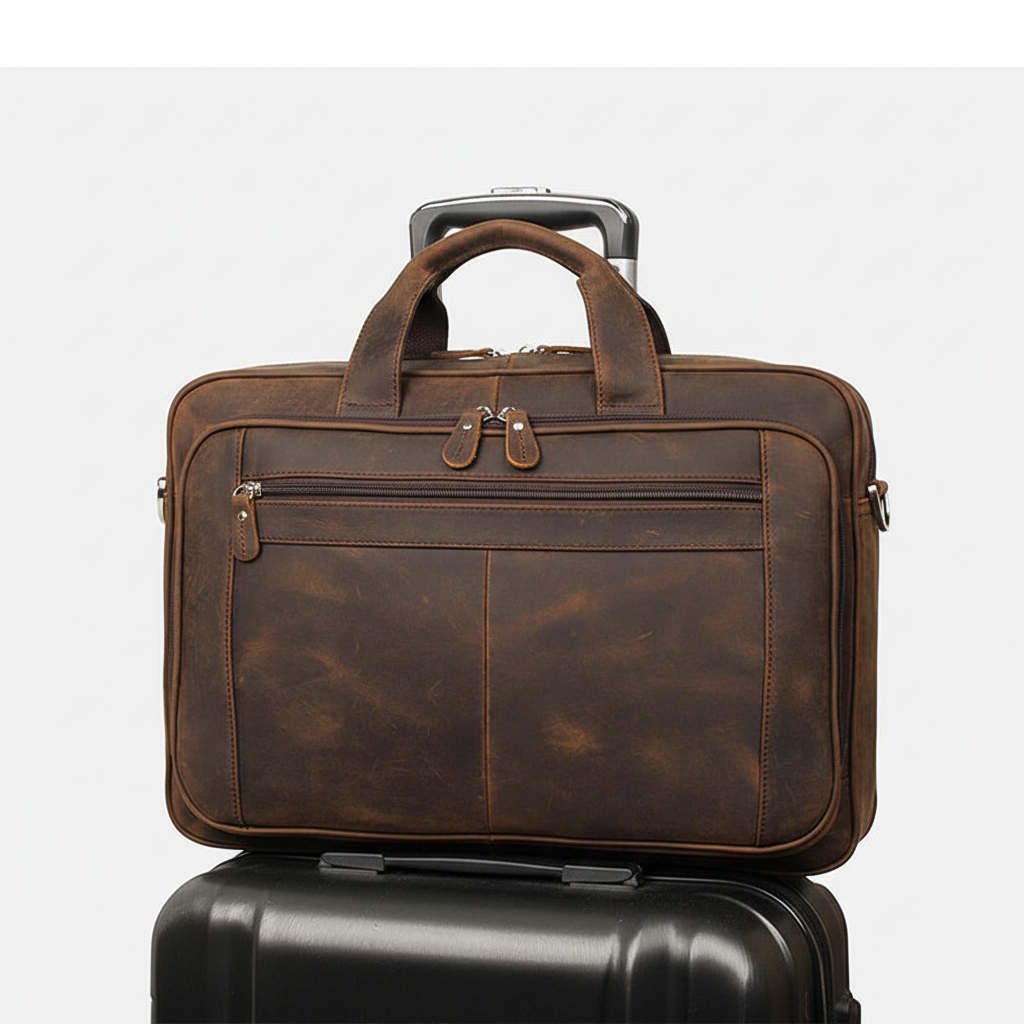 Professionell pendlarväska för 17 tums laptop. Datorväska i elegant skinn för arbete.