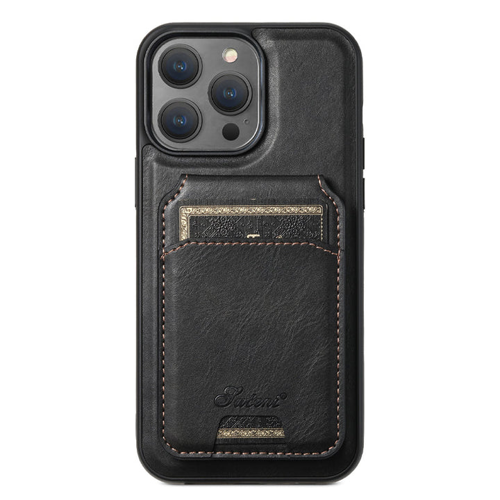 "Elegant smartphonefodral i svart PU-läder med integrerad korthållare och magnetiskt stativ för praktiskt användande."