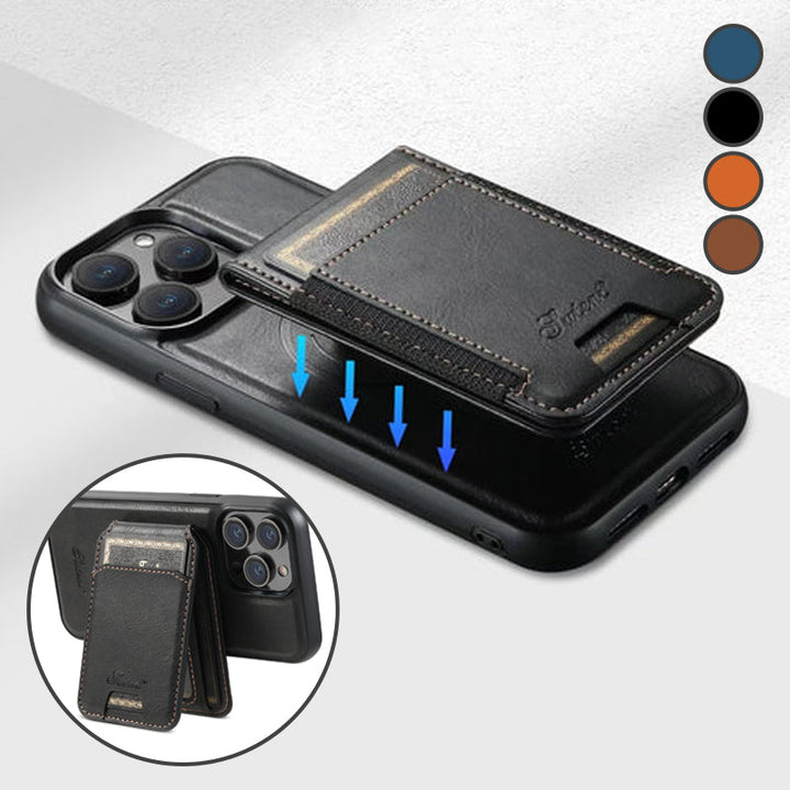 "Elegant smartphonefodral i svart PU-läder med integrerad korthållare och magnetiskt stativ för praktiskt användande."