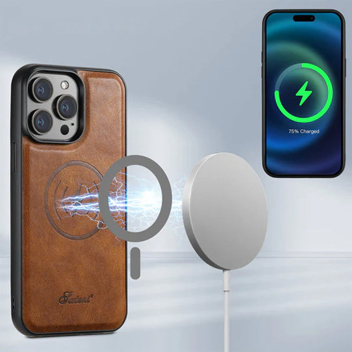 "Elegant smartphonefodral i svart PU-läder med integrerad korthållare och magnetiskt stativ för praktiskt användande."