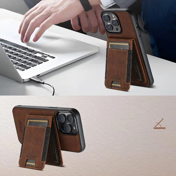 "Elegant smartphonefodral i svart PU-läder med integrerad korthållare och magnetiskt stativ för praktiskt användande."