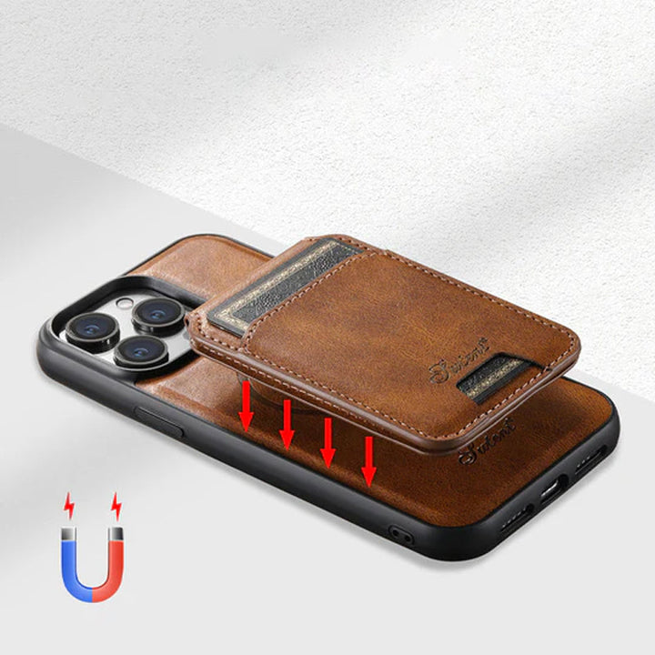 "Elegant smartphonefodral i svart PU-läder med integrerad korthållare och magnetiskt stativ för praktiskt användande."