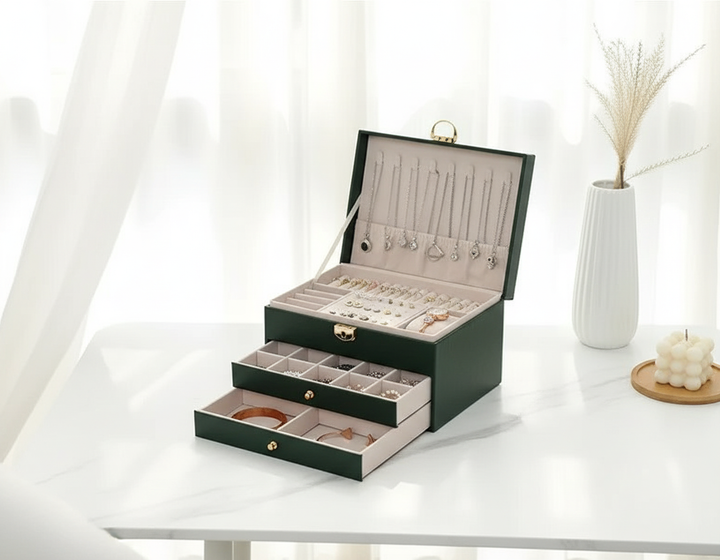 Elegant smyckesask i läder för kvinnor, perfekt för organisering av ringar och halsband.