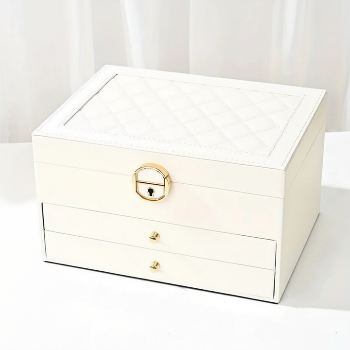 Elegant smyckesask i konstläder, med plats för alla dina favoritsmycken och en lyxig känsla.
