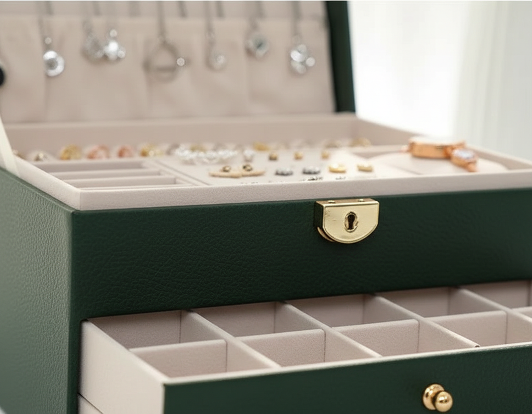 Smyckeskrin för kvinnor i stilren design, svart läderimitation, håller accessoarer organiserade.