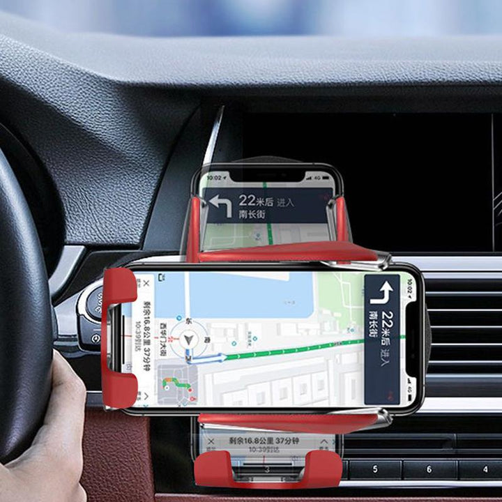 "Elegant svart biltelefonhållare med trådlös laddning, automatisk klämjustering och ventmontering, perfekt för alla bilinteri