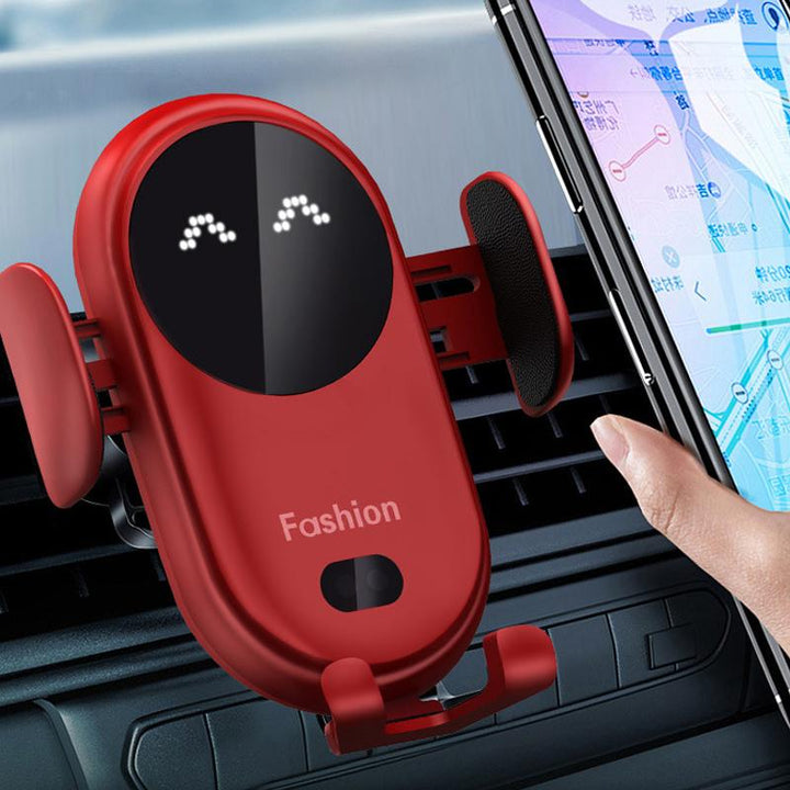 "Elegant svart biltelefonhållare med trådlös laddning, automatisk klämjustering och ventmontering, perfekt för alla bilinteri