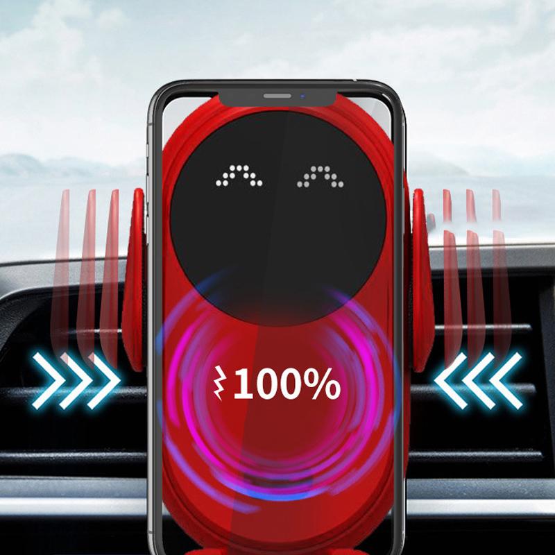 "Elegant svart biltelefonhållare med trådlös laddning, automatisk klämjustering och ventmontering, perfekt för alla bilinteri