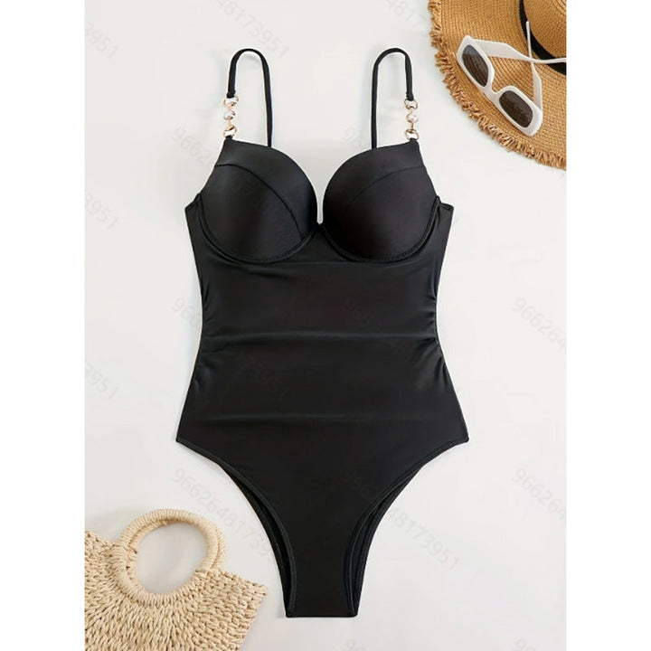 Elegant svart dams baddräkt, figurformande design för sommar, strand och pool. Snabbtorkande simkläder.