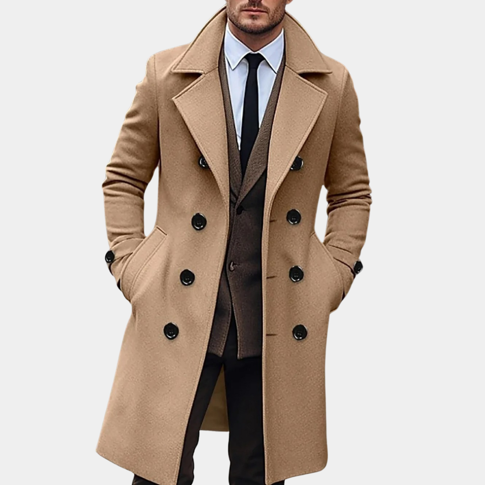 Formell marinblå herrpeacoat i ullblandning, perfekt höstkappa för affärsmannen. Elegant och varm.