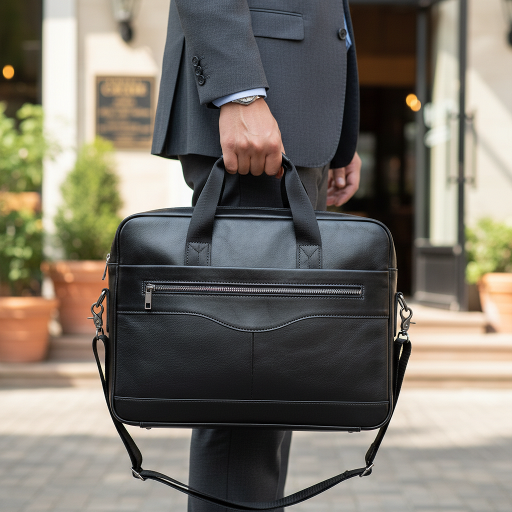 Elegant svart läder datorväska för laptop, arbete och resor. Professionell unisex affärsväska för kontoret.