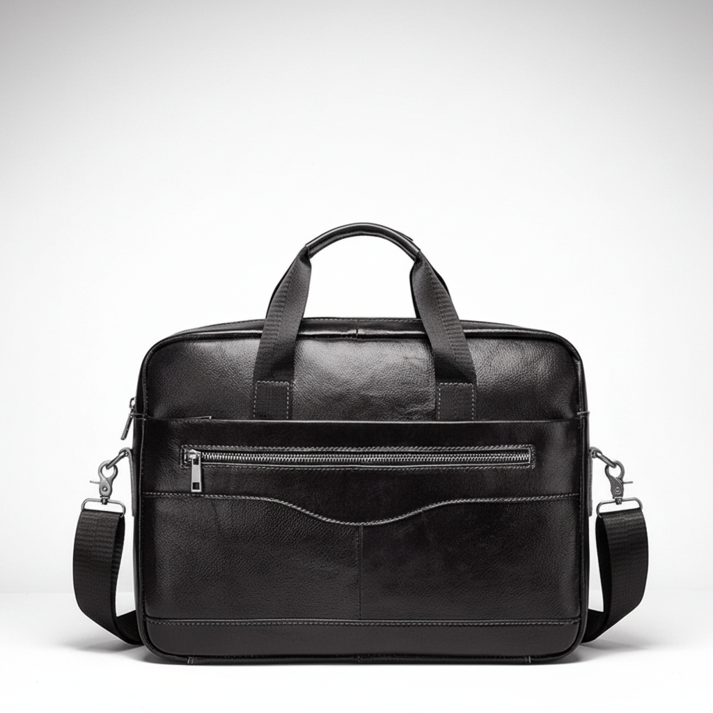 Exklusiv svart läderväska, elegant present för professionella män och kvinnor. Passar som laptopväska.