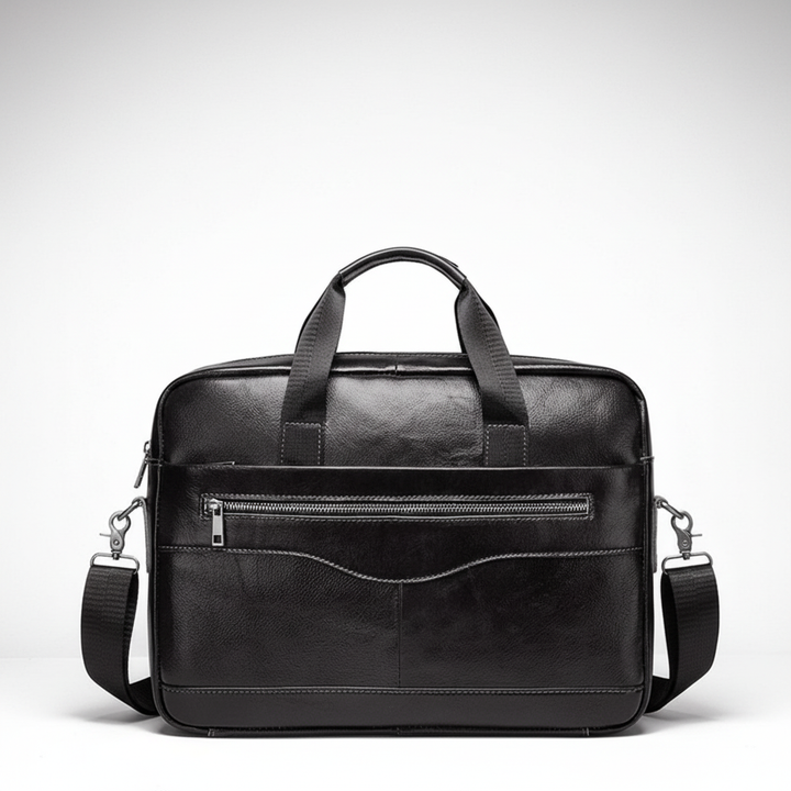 Exklusiv svart läderväska, elegant present för professionella män och kvinnor. Passar som laptopväska.